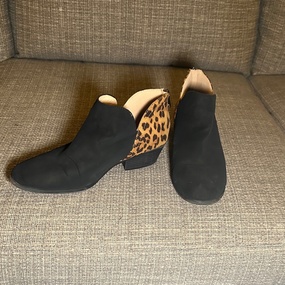 Soda Black and Leopard Ankle Booties